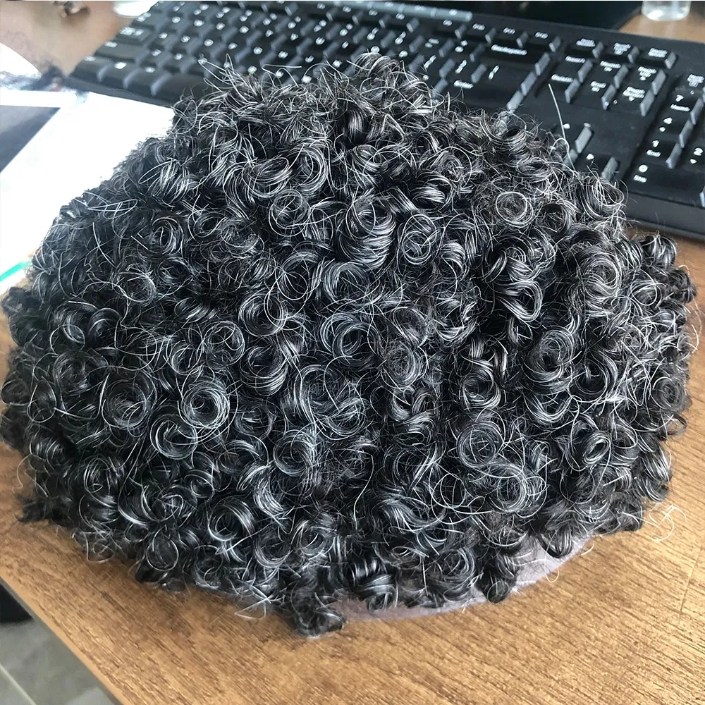 15MM Men's Curly Wigs Thin Skin Toupee For Black Men Hair Replacement System Invisible Full Poly PU Afro 360 Wave Human Toupees