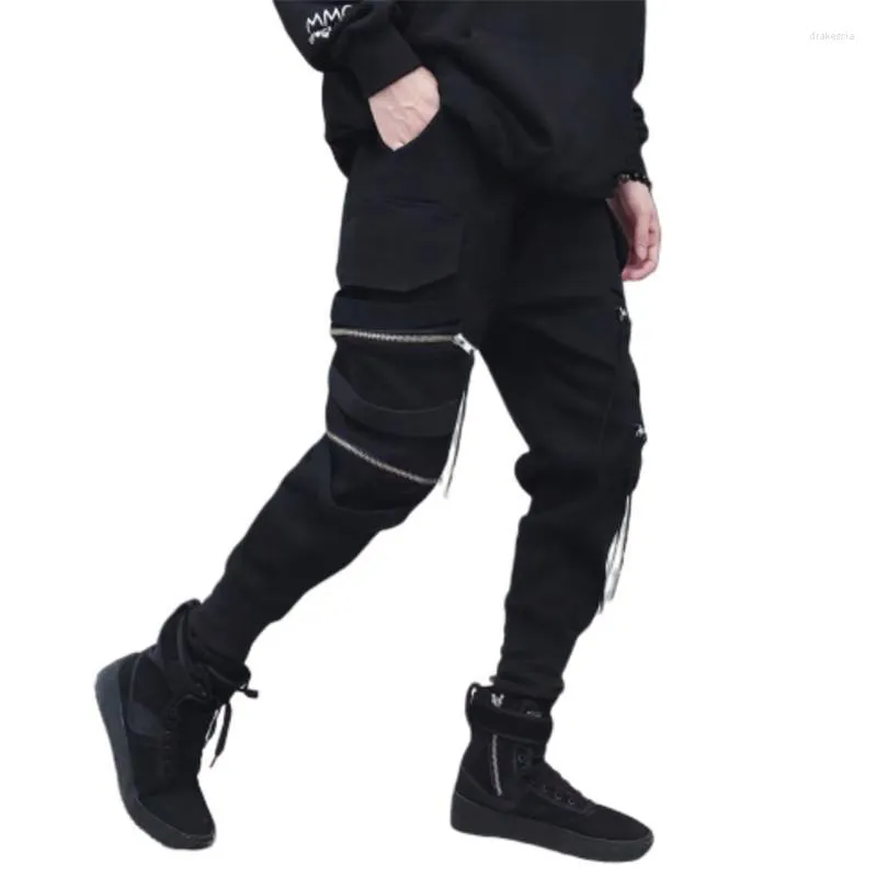 Pantalon homme noir Cargo Punk Rave Joggers hommes Jogging Techwear automne coréen Streetwear Hip Hop fermeture éclair ruban XXXL hommes Drak22