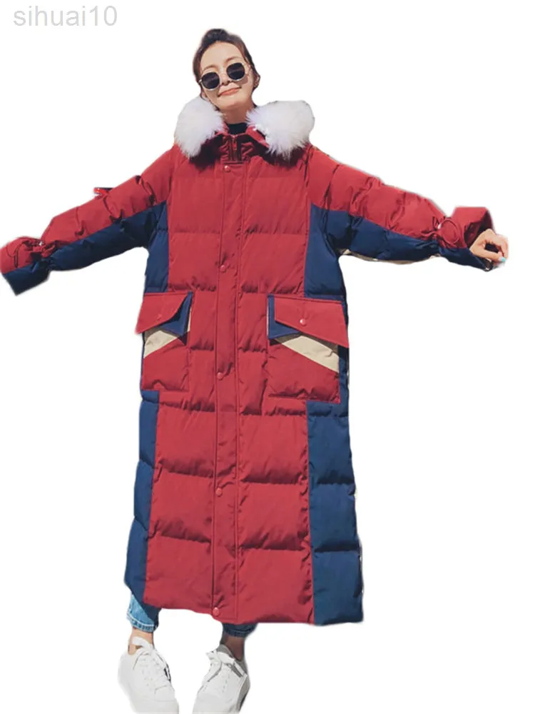 Hiver vers le bas coton manteau femmes 2022 nouvelle femme version coréenne épais chaud vêtements d'extérieur mode couleurs contrastées longue veste L220730