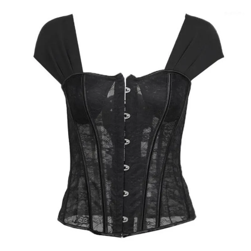 Camicette da donna Camicie Camicetta nera Camicia trasparente con lacci Top regolabile Vita alta Corsetto aderente Donna Bustier sexy gotico Hoo