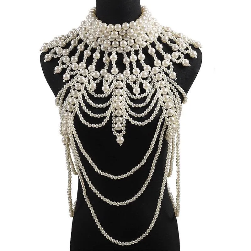 Chains Retro Advanced Pearls Crystal Body Jewelry Chain Sexyhandmade Beaded Women Bridal Wedding Dress Large Necklace Accessor