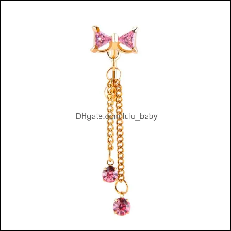 14g stainless steel cz bowknot belly button ring chain dangle zircon navel barbell for women