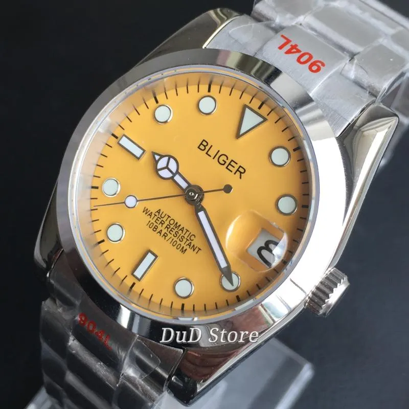 손목 시계 36mm / 39mm 남성 시계 빛나는 노란색 멸균 다이얼 클래식 스타일 굴 패션 NH35 자동 기계적 선물 가리스트 Watche