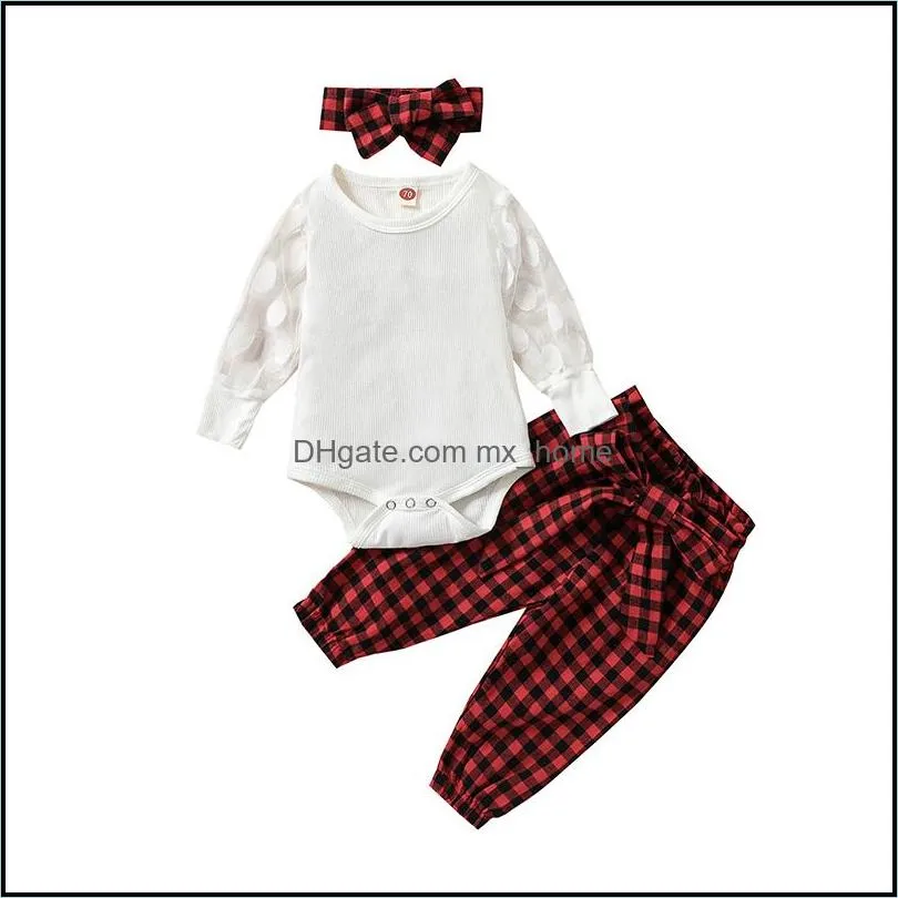 kids clothing sets girls lattice outfits infant lace sleeve romper tops plaid pants headband 3pcs/set spring autumn fashion boutique baby clothes