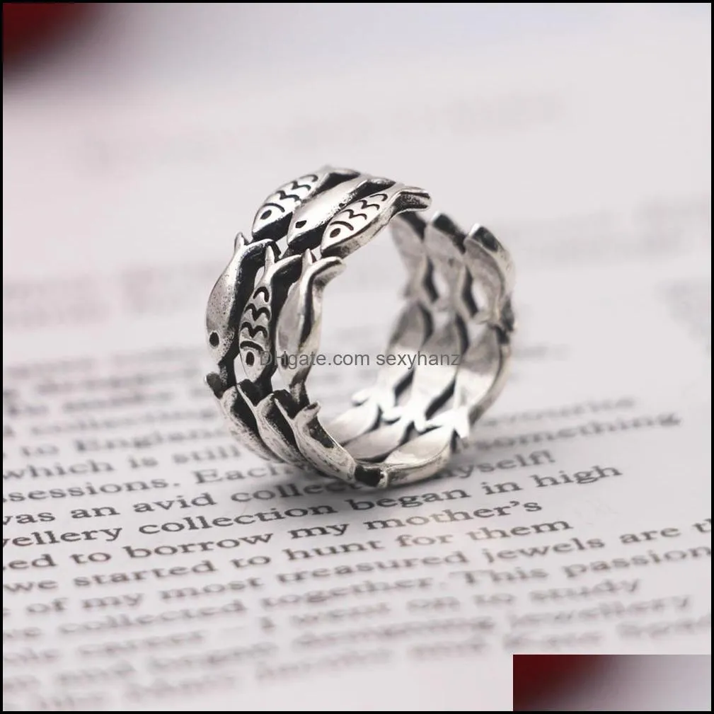 Band Rings Thai Sier Ring Three Rows Of Goldfish Antique Matte Craft Hollow Accessories Jewelry Drop Delivery 2021 Sexyhanz Dhiz4