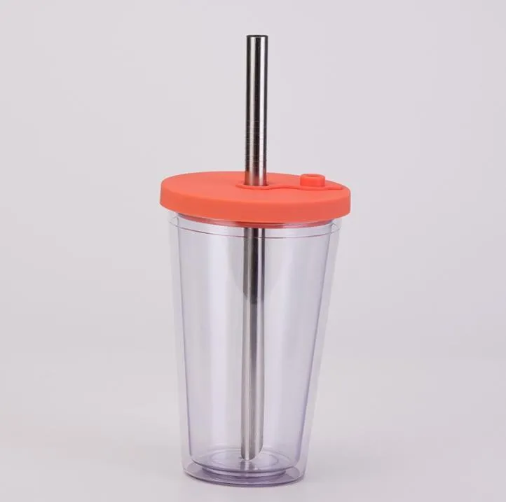 16OZ Reusable Boba Cup Double Wall Thick Plastic Tumbler Leak Proof Design Bubble Tea Mug with straw SN3681