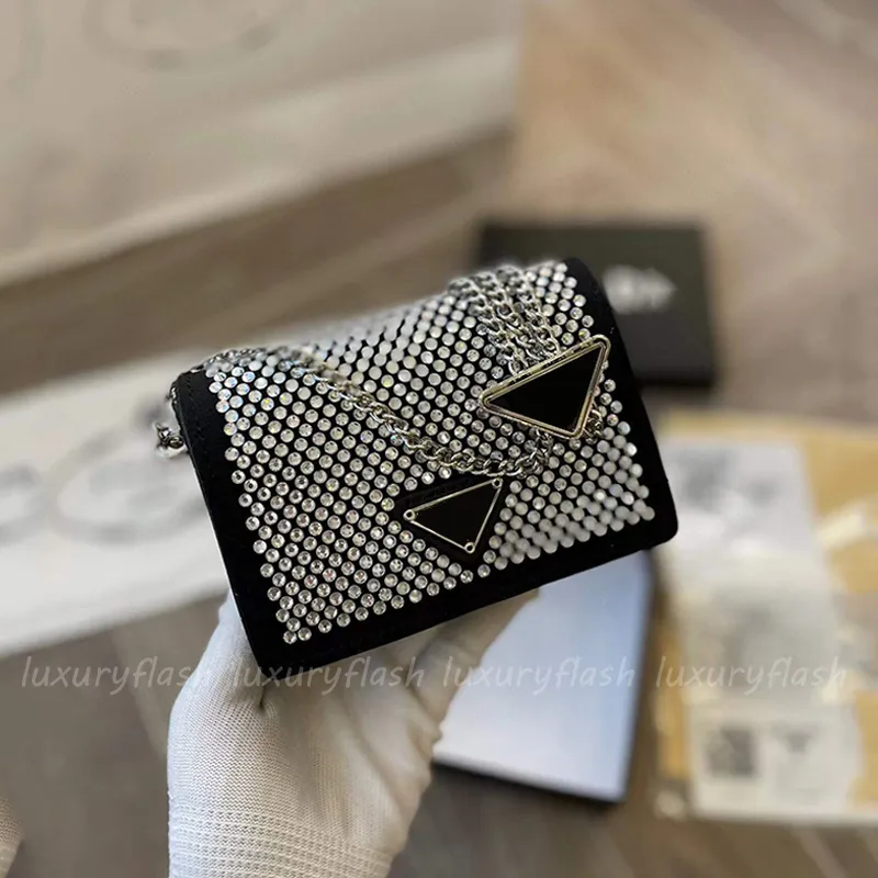 2023 Kvinnor Designers Coin Bags Cross Body Full Diamond Hobo Shouler Mini Purses Ladies Black Shiny Luxurys High Quality Chain Belt Bag