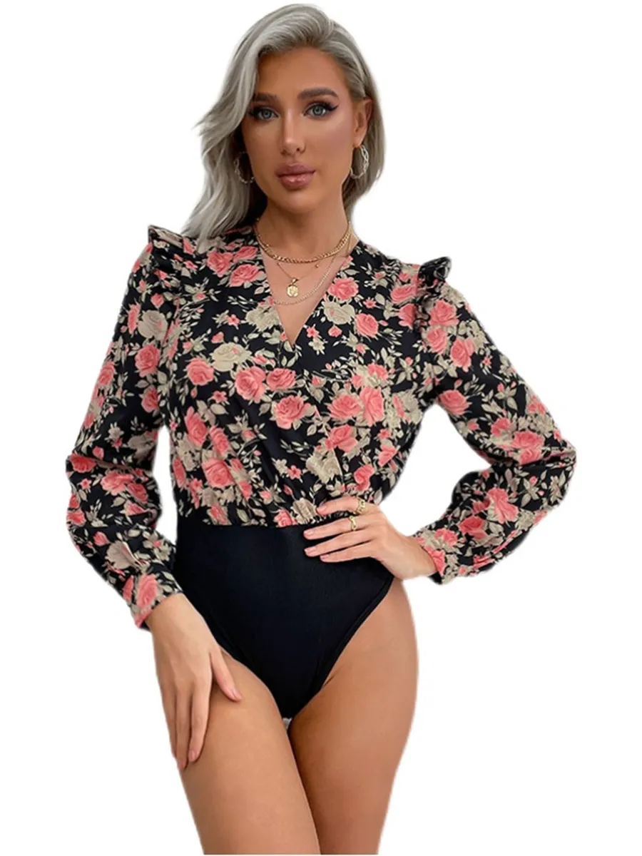 Combinaison Sexy pour femmes, Slim, manches longues, Bandage, col en v, imprimé floral, barboteuse