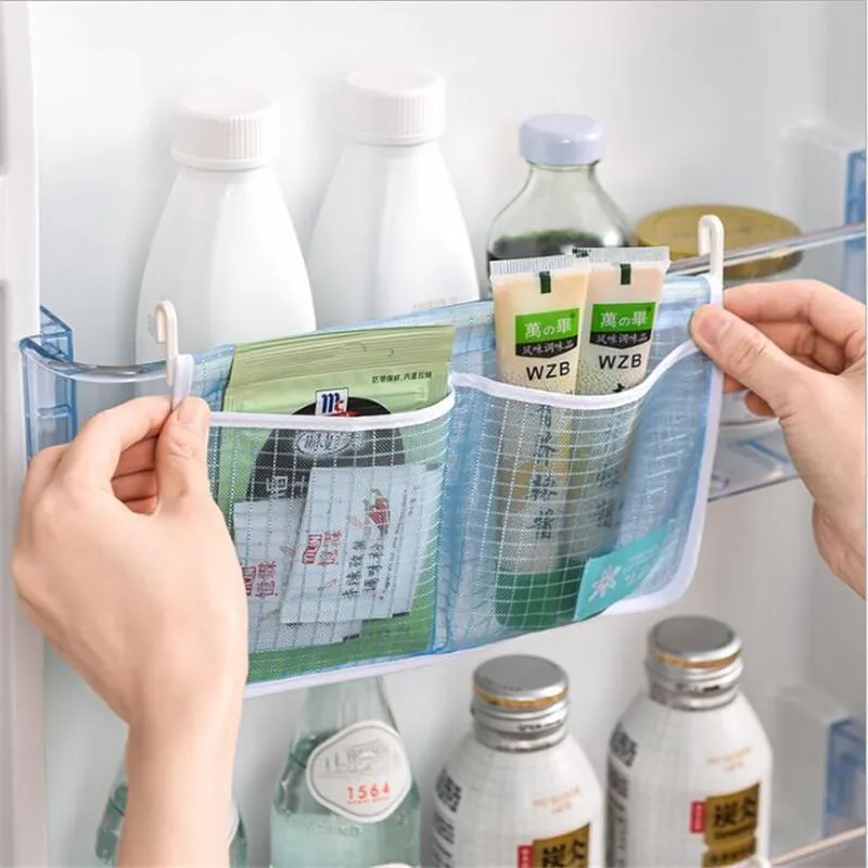Refrigerator Storage Mesh Bag Portable Seasoning Food Snacks Net Bags Double Compartment Hanging Bag Kitchen Accessories