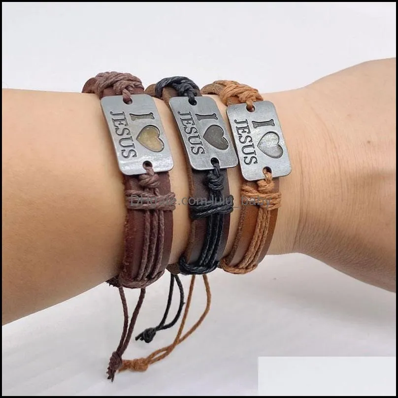 i love jesus leather rope handmade alloy charm bracelets adjustable braided bangle for men women jewelry