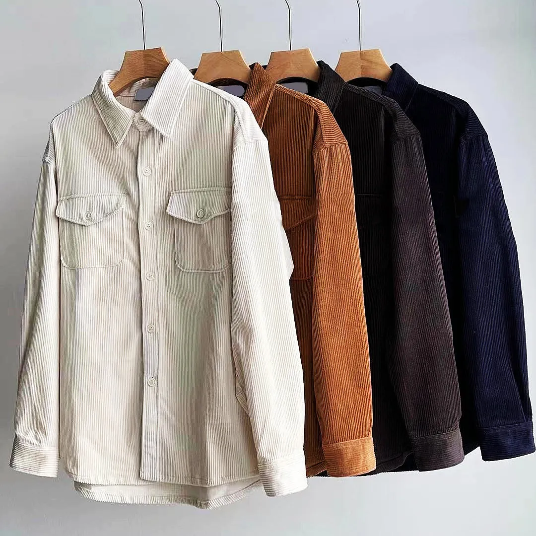 Mens Casual Shirts corduroy thickened shirt blouse striped shirts long sleeve for men Button badge decoration plus size Fashion lapel upper outer garment designer