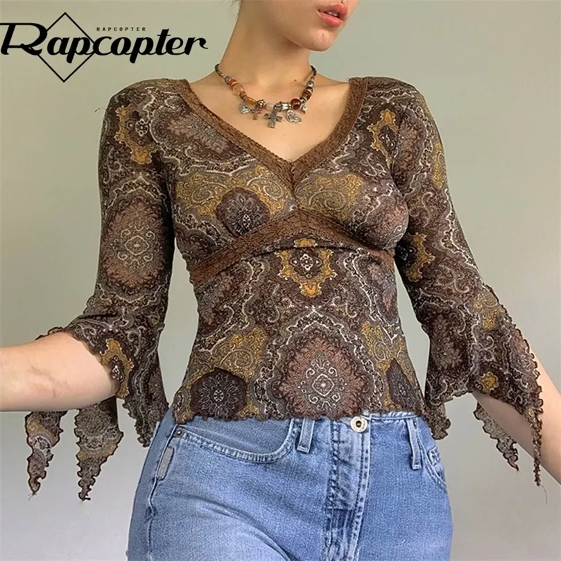 Rapcopter Lace Floral Crop Top Estético Y2K Camiseta Grunge Vintage V Cuello Otoño Jerseys Mujeres Harajuku Linda Camiseta Coreana 220407