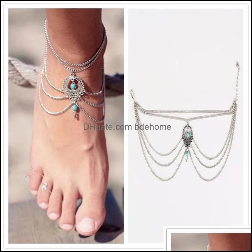 20 colors new bohemian beach bikini women foot anklet chain jewelry gift bracelets silver plated turquoise foot chain anklets