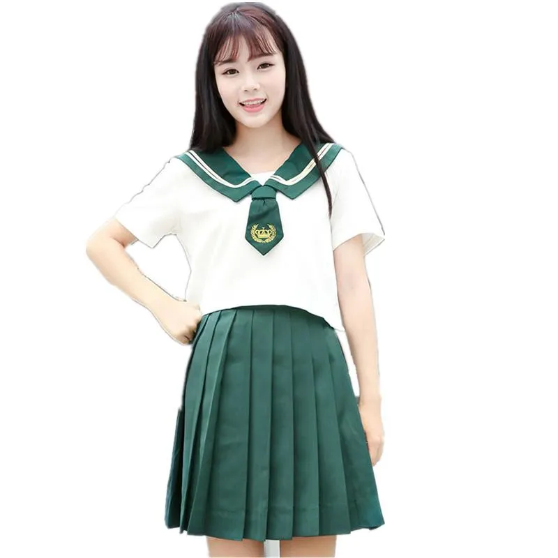 Одежда наборы школьного класса униформа плиссированной юбки зеленый моряк костюмы для женщин Япония Корейские ученики девочки с двумя частями косплей костюм