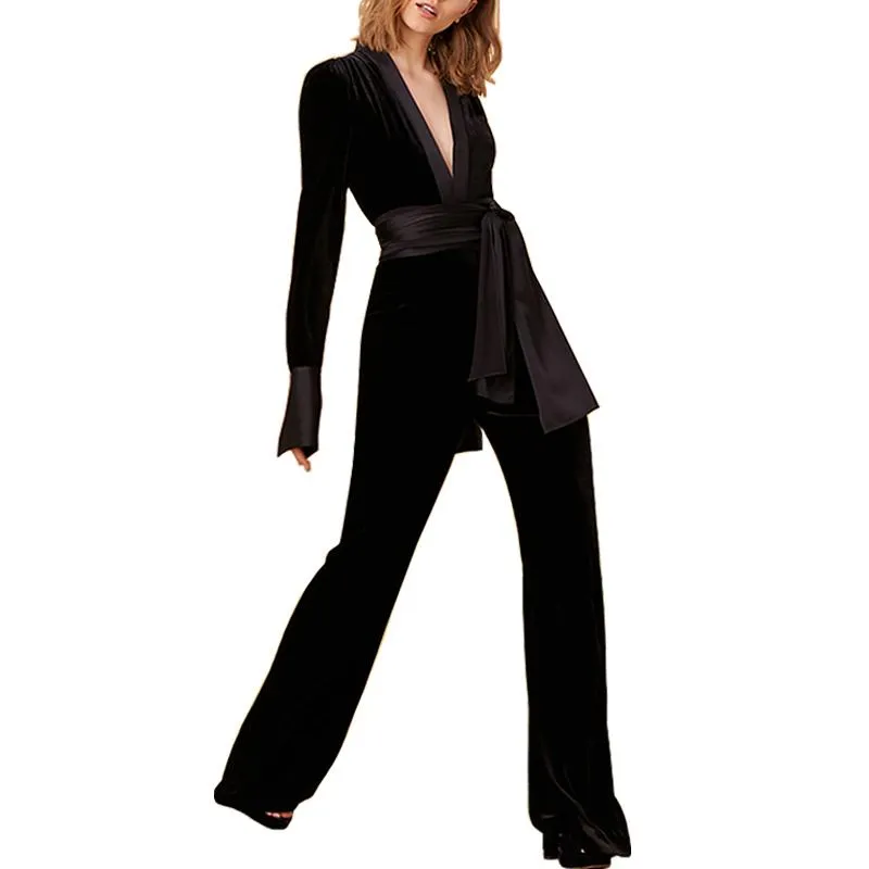 Kobiety Jumpsuits Rompers Velvet Jumpsuit Kobieta głębokie v szyja podzielone satynowe satynowe czarne damki eleganckie szczupłe kobiety