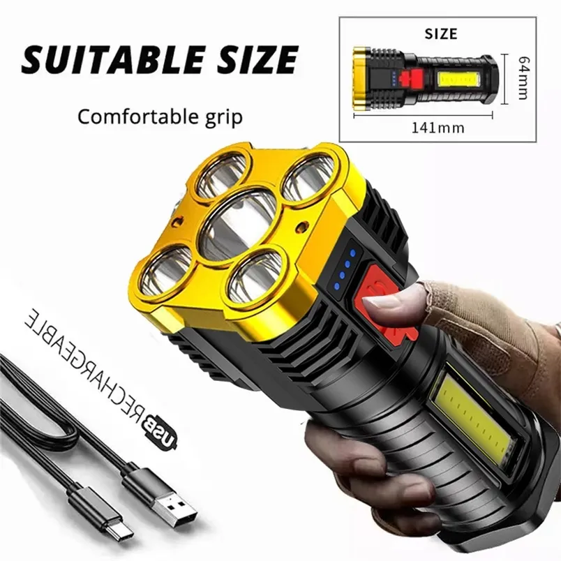 5 LED Super Bright Flashlight Rechargeable Outdoor Multifunction Waterproof Led Longrange Spotlight Battery Display COB Light 220601