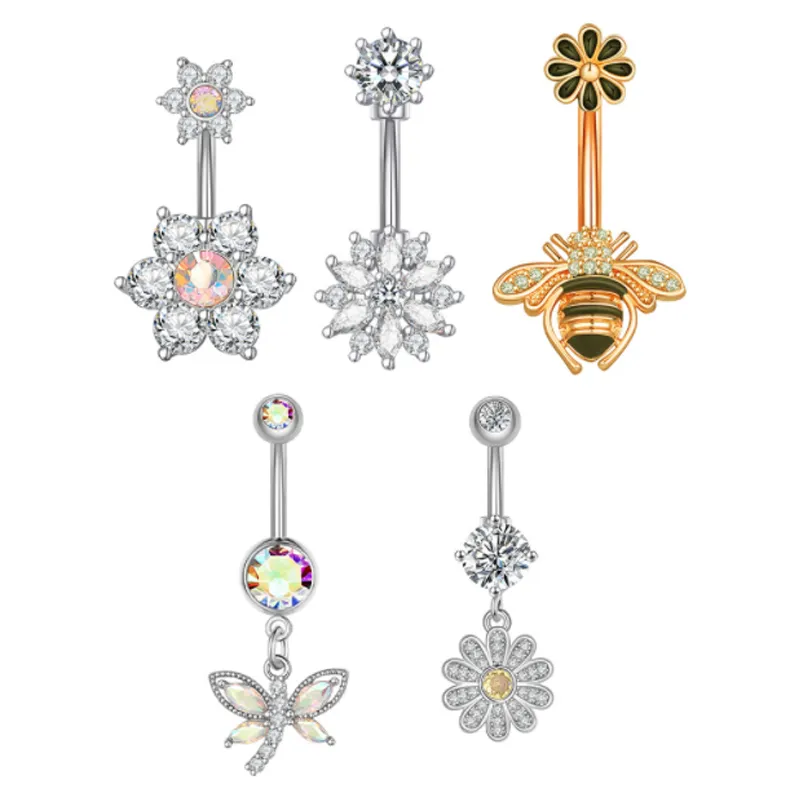 Zircon Snow Flake Bee Dragonfly Belly Button Rings 14G 316L Stainless Steel Flower Body Navel Barbell