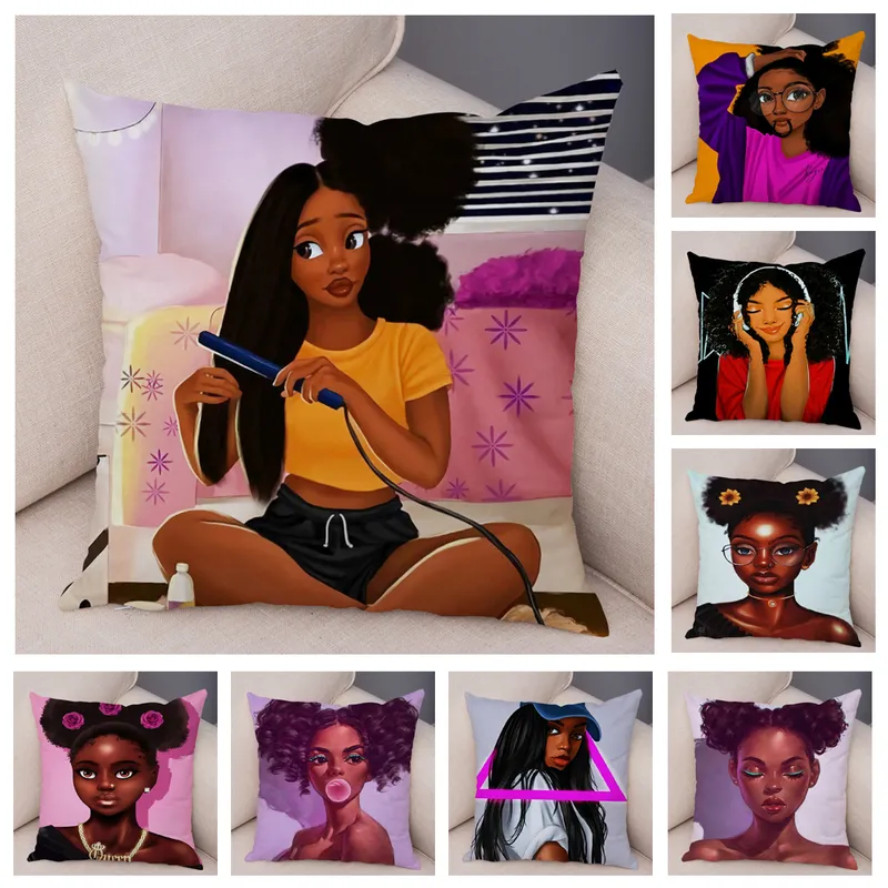 Kussensloop cartoon mooi Afrika meisje kussensloop kort pluche decor kleurrijke kussendeksel voor sofa auto home kussensloop covers 45x45cm 220714