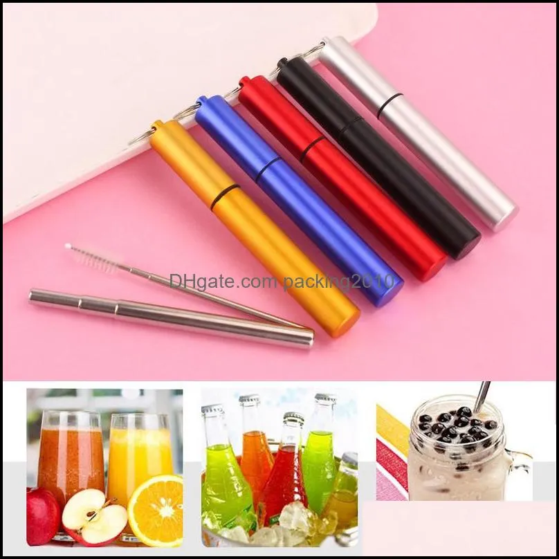 collapsible metal straw set outdoor portable reusable drinking straw with brush stainless steel foldable straws bar kitchen tool