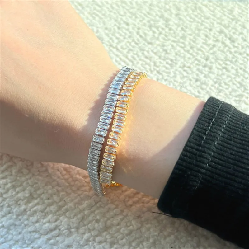 Bracciale da donna di moda semplice Braccialetti da tennis Square Iced Out 5A Cubic Zirconia Argento sterling 925 Bracciale di lusso in oro 18 carati Gioielli firmati per regalo da donna