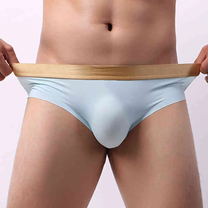 New Men's Sexyr Briefs Ice Silk U Convex Tight ElasticMiddle Seamless Solid Color Waisted Underwear G220419