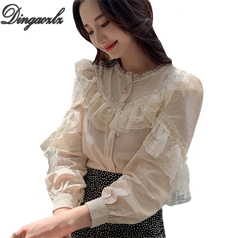 Dingaozlz fashion long sleeve lace tops elegant female lace stitching casual blouse korean women shirt 210226