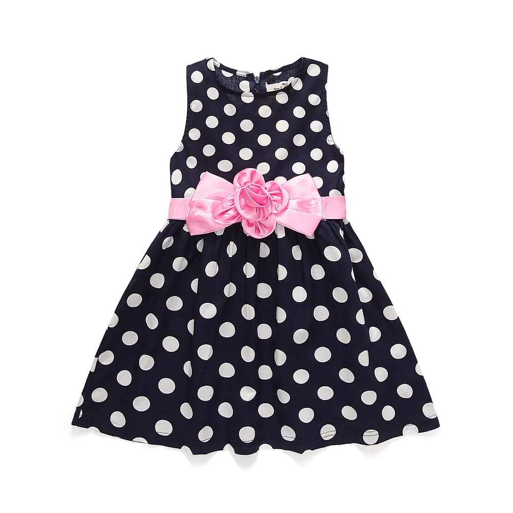 Big Polka Dot Dress Baby Girls White Black Bow Belts Sash Designs Summer Dresses for Kids 1t to 7t