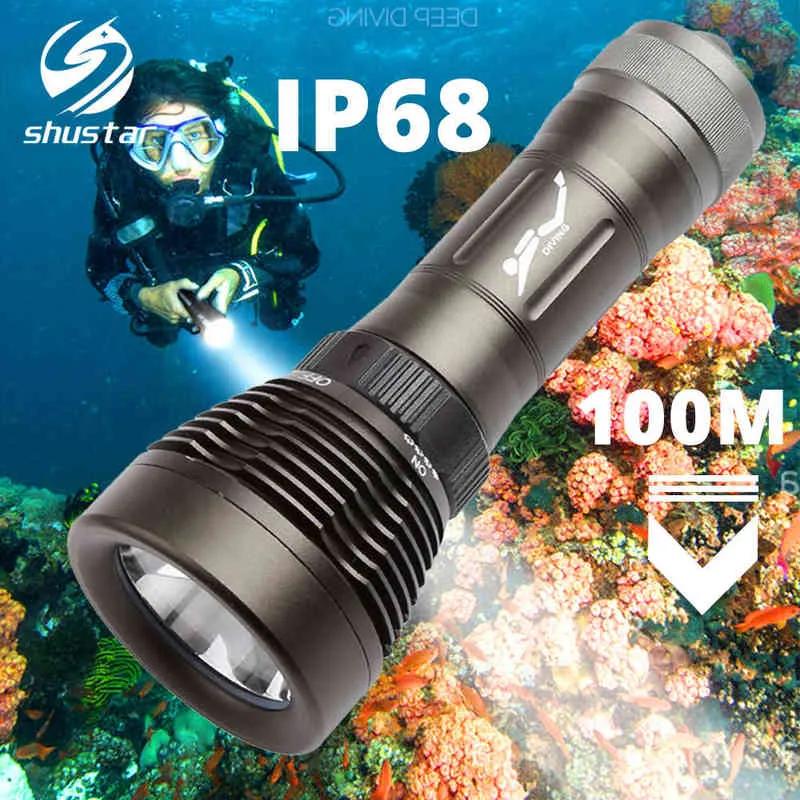 IP68 Flashlight Diving Torch Can Diving 100 Meter Rotary Switch Color Renering Index RA80 Amfibious år 18650/26650 Batteri J220713