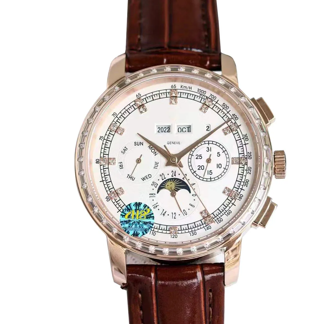 Алмазные мужские автоматические часы коричневые/черные кожаные ремешки Механические наручные часы с хронографом лунный фазовый циферблат Водонепроницаемый светящийся