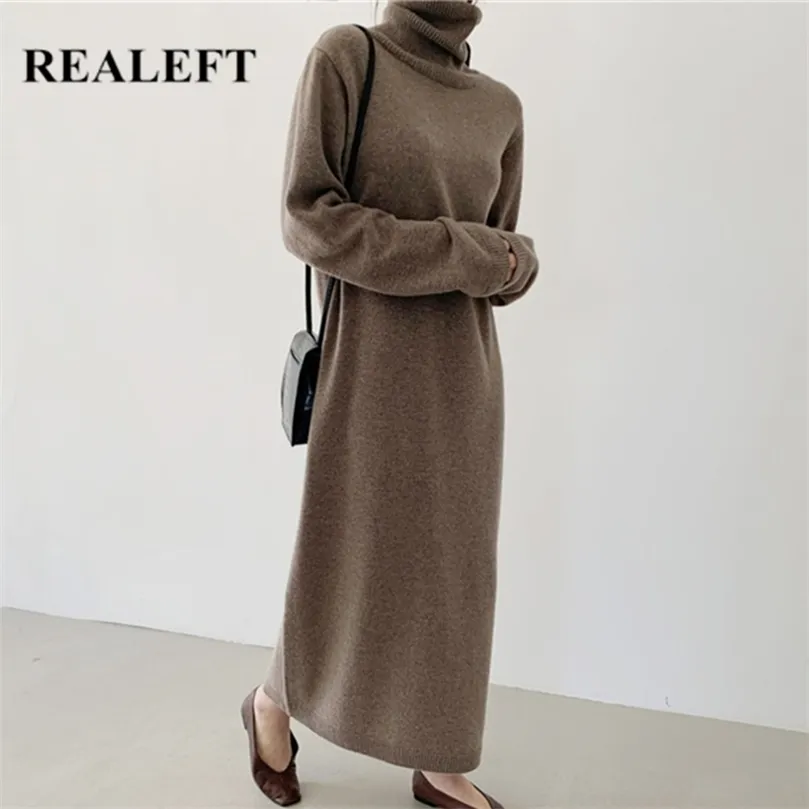 REALEFT automne hiver lâche col roulé droite femmes pull robes nouveau à manches longues chaud tricoté Chic longues robes femme 220317