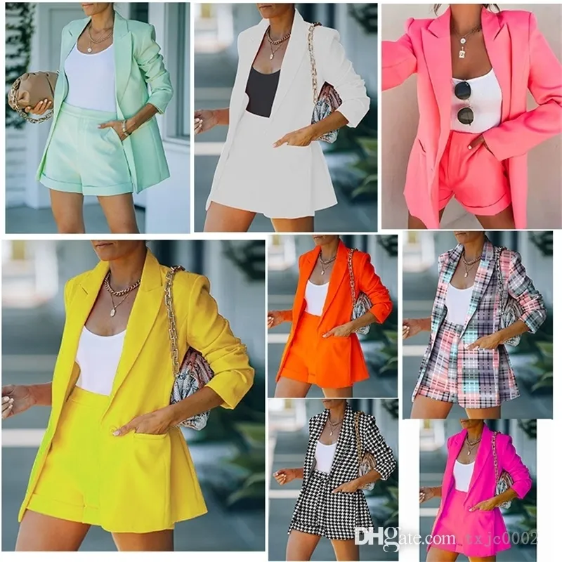 Office Women Two Piece Tracksuits Formal Suit Workwear Business Long Sleeve Blazer Coat and Shorts Matching Set Streetwear