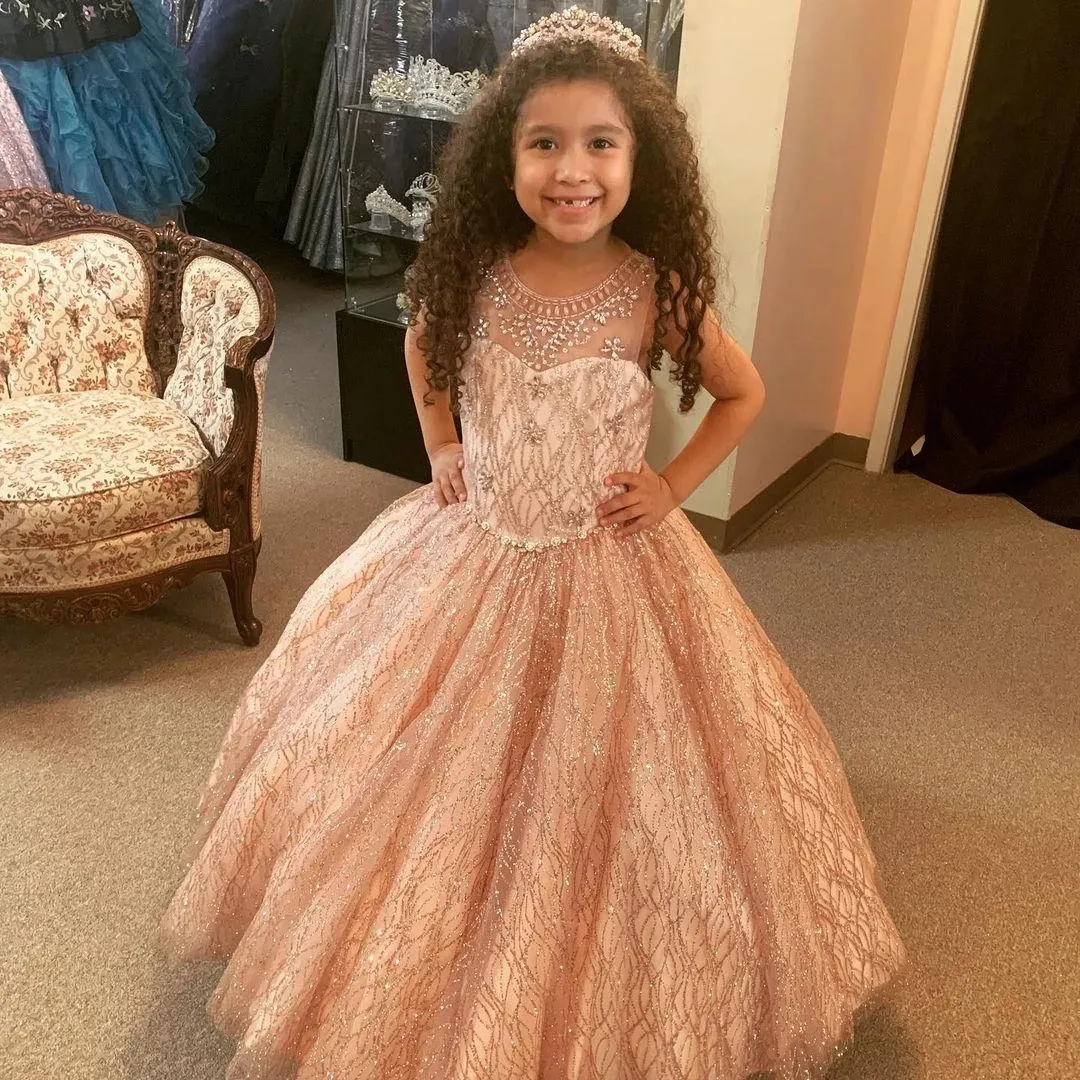 2022 Rose Gold Beaded Flower Girl Dress For Wedding Pageant