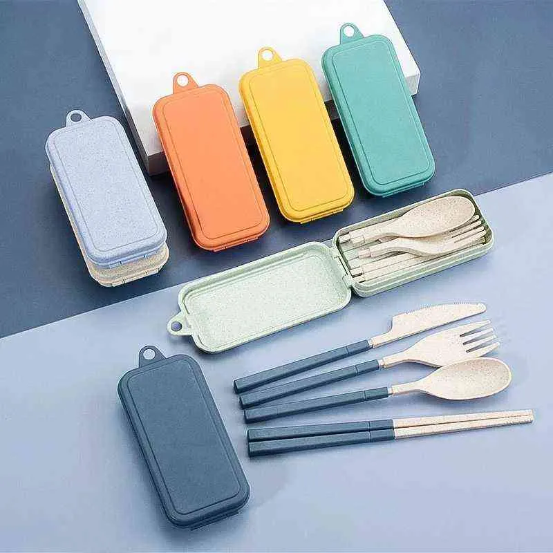 4Pcs Wheat Straw Dinnerware Set Portable Tableware Knife Fork Spoon Chopsticks Set Travel Cutlery Set Eco-Friendly Utensil Box Y220530