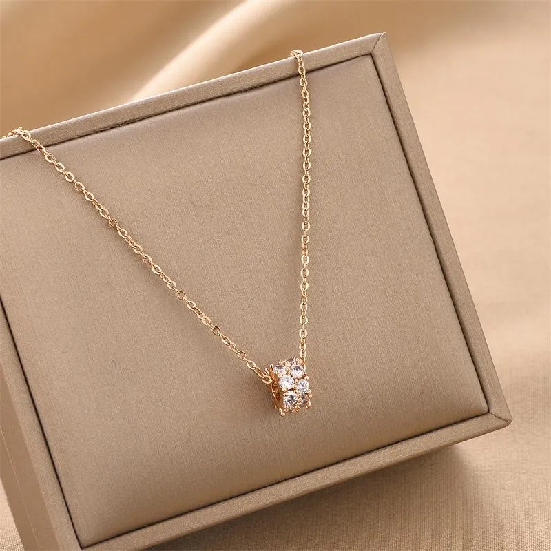 Pendant Necklaces Fashion Stainless Steel Gold Round Ring Rhinestones Pendent Necklace For Mom Women Party Jewelry GiftsPendant