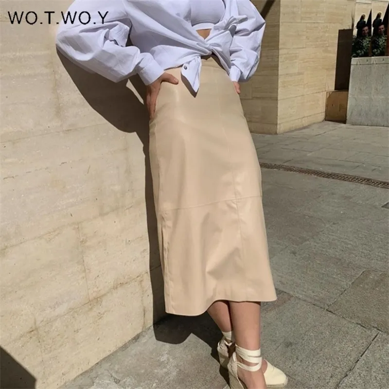 WOTWOY Elegant HighWaist Leather Skirt Women Solid MidCalf Womens Skirt Autumn Office Lady Straight Slim Fit Skirt Femme 210306