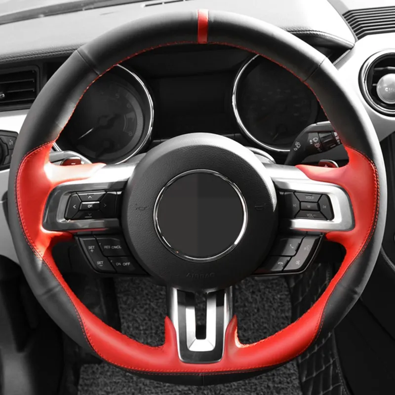 Hand-Stitched Soft Black Genuine Leather Black Suede Car Steering Wheel Cover For Ford Mustang 2015-2019 / Mustang GT 2015-2019