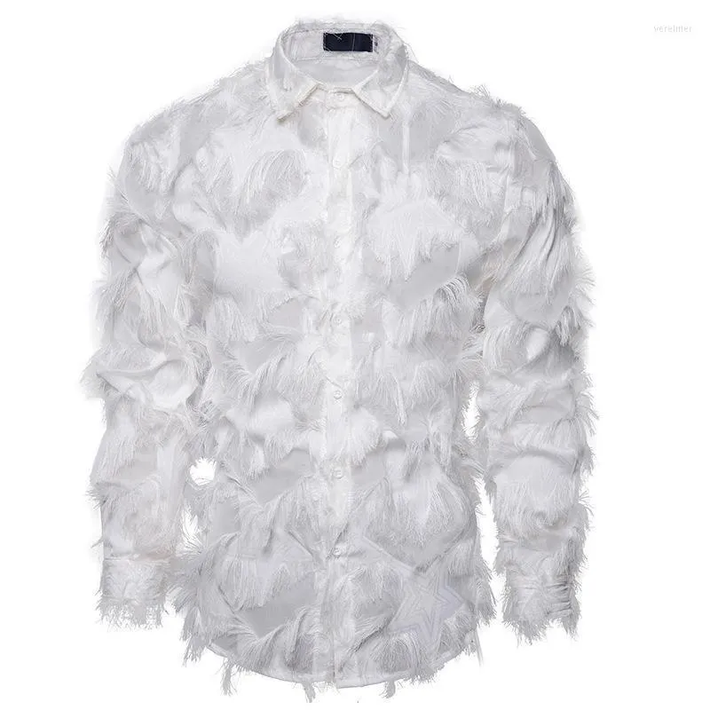 Herrklänningskjortor White Black Feather Lace Shirt Men 2022 Fashion Se genom Clubwear Mens Event Party Prom Transparent Chemisemen's Vere2