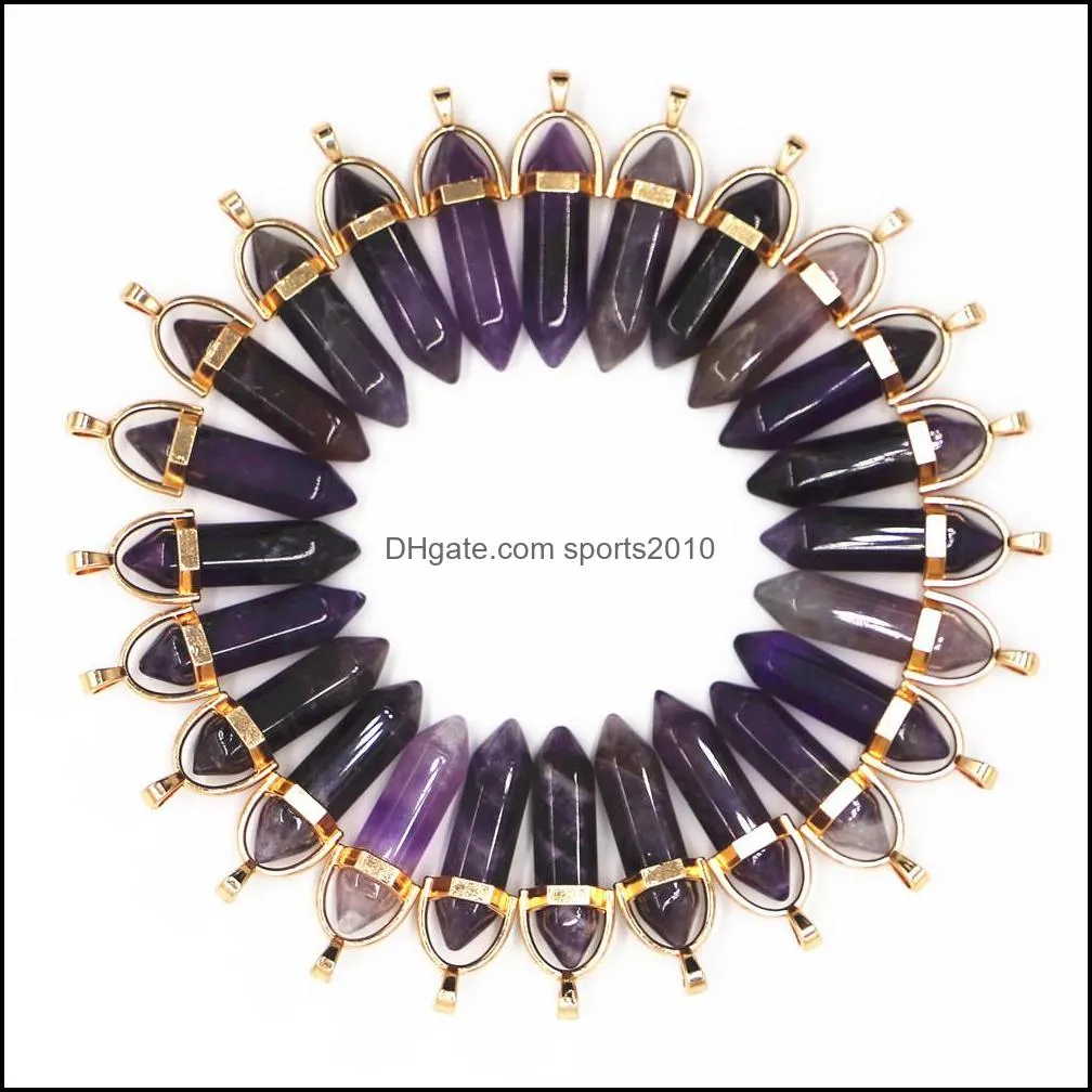 Konst och hantverk Natural ädelstenar Stone Charms Amethyst Crystal Pillar Point Gold Pendants Halsband för att göra Women Jewe Sports2010 DHXVL