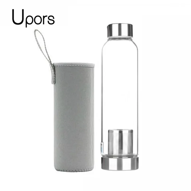 UPORS 550ML High Temperature Resistant Glass Sport Water Bottle with Tea Infuser + Protective Bag Water Bottle 220418