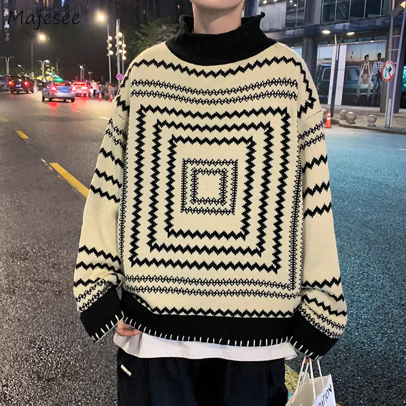 Erkek Mock Boyun Sweaters Tasarımı Harajuku High Street Uzun Kollu Gevşek Kazak S-3XL BF Örme Sokak Giyim Vintage Striped Jumper L220801
