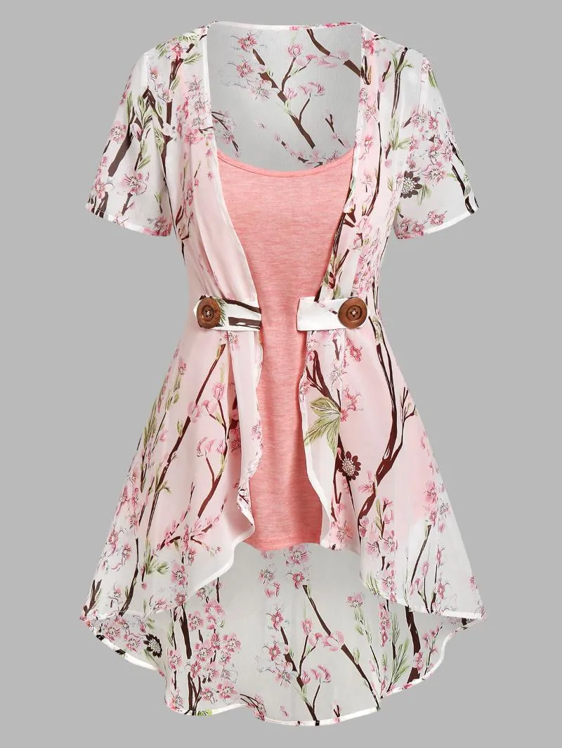 Женская футболка Peach Blossom Print нерегулярная блузка и набор камизолов асимметричные женщины Spring Top Townetwomen's