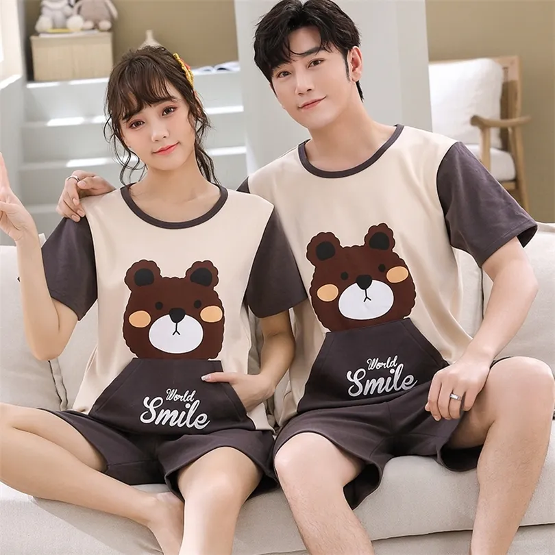 Çift Gecelik Takım Elbise Yaz Tatlı Sevimli Kısa Kollu Pijama Kalp Desen Homewear Erkekler Artı Boyutu M-3XL Pamuk Pijamas Mujer 220329