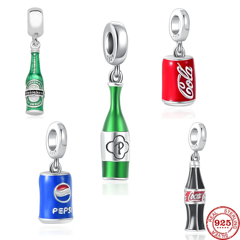 925 Silver Charm Beads Dangle Beer Blue Red Can Coke Pendant Bead Fit Pandora Charms Bracelet DIY Jewelry Accessories
