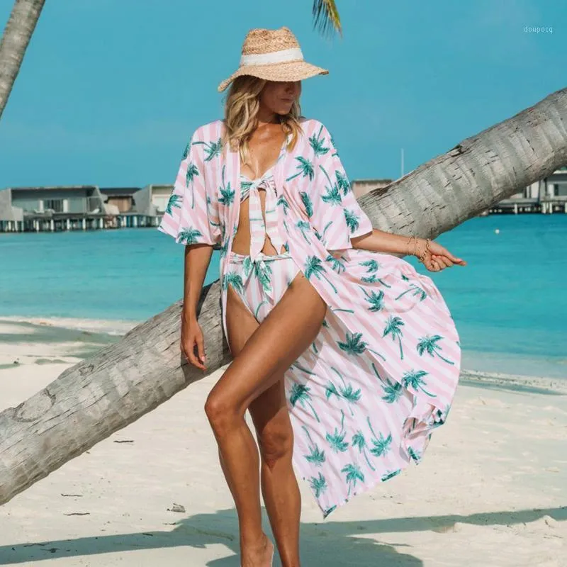 Kvinnors badkläder överdimensionerad strandstil rosa tryck Lös längd Solskyddsmedel Maxi Kimono Cardigan Top Bikini Cover Up Plus Size 2022