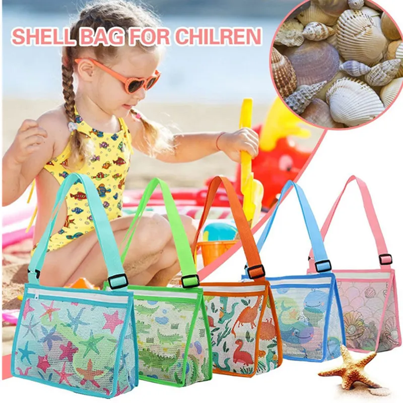 Children Beach Shell Bags for Seashell Toys Collection Mesh Handbag Storage Bag Cartton Dinosaur Starfish Printed Zipper Pouch Cute Tote Compact