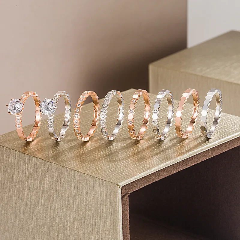 18k Anéis de ouro rosa 925 Prata para mulheres Slim empilhamento anel de favo de mel Jóias de luxo de luxo sem caixa
