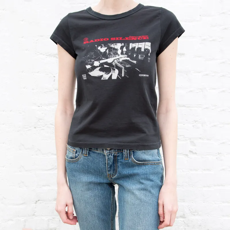 Women "Radio Silence" Print Front Short Sleeve T-Shirt Crop Top