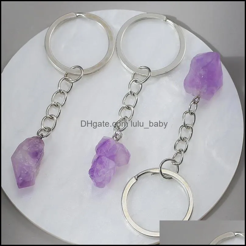 Natural Stone Amethyst Crystal Key ring KeyChain Pendant Keyrings Bag Accessories Jewelry