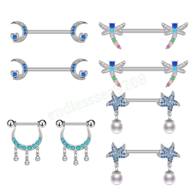 Carino piercing al capezzolo in cristallo bilanciere colore rosso blu stella luna scudo capezzolo barra anelli per capezzoli in acciaio da donna