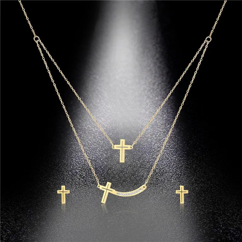 Orecchini Collana Croce in acciaio al titanio Doppio strato Set Chocker femminile Catena clavicola Collana Ins SenOrecchini